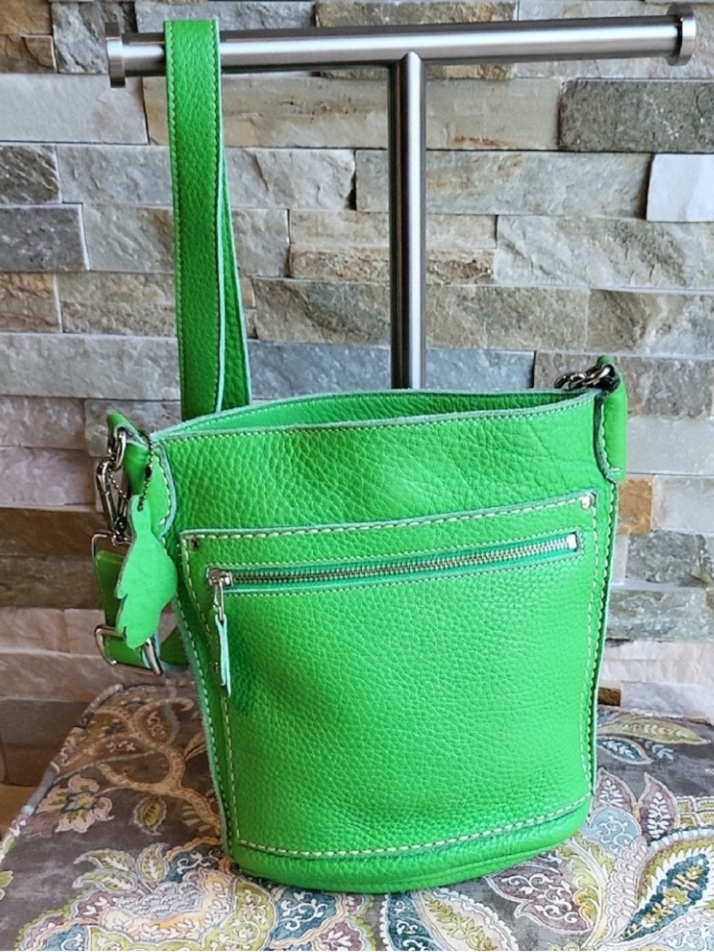 Roots Green Leather Bucket Bag